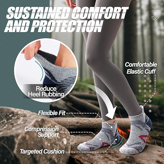 ANTSANG 6 Pairs Merino Wool Ankle Hiking Running Socks Compression Thick Cushion Breathable No Show Socks for Men Women