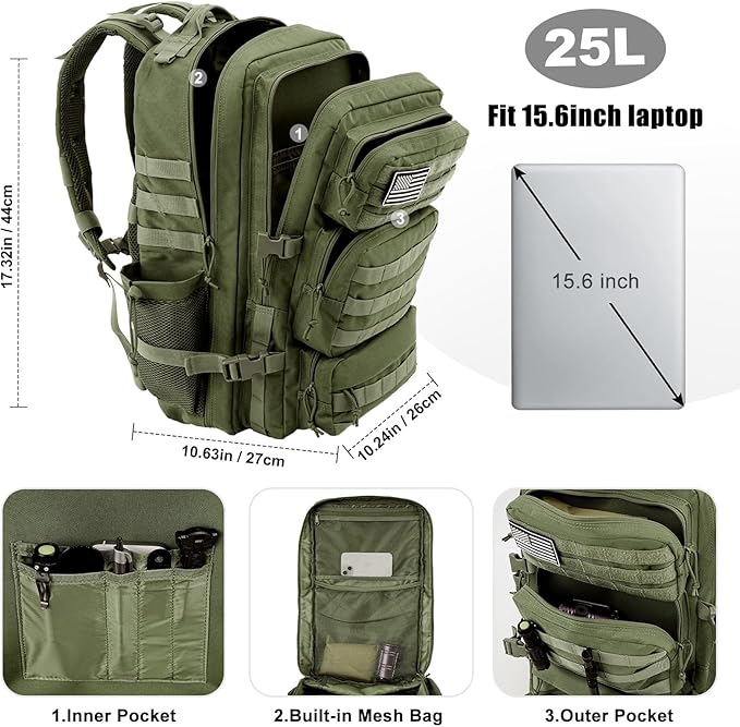 Military Tactical Backpack 25L Day Backpack for Men Molle Army 3 Days Assault Pack Bug Out Bag Water Resistant and Heavy Duty Hiking Treeking Rucksack - Dark Green