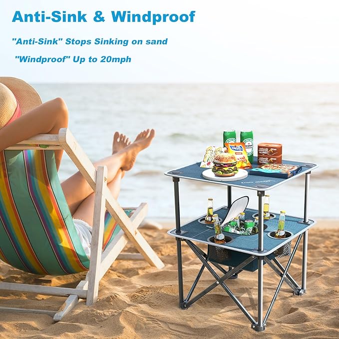 Folding Beach Table, Camping Table for Sand with Insulated Cooler Storage & 4 Cup Holders, Portable Pop Up Picnic Table, Lightweight Side Table for Outdoor