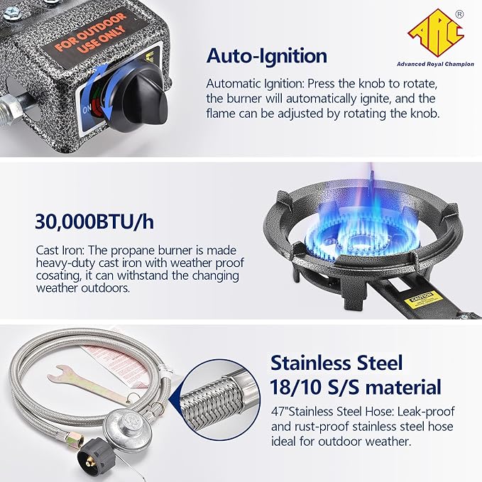 ARC Outdoor Propane Burner Stove, 13" Single Propane Burner, Cast Iron Portable Propane Burner With Adjustable Regulator And Stainless Steel Hose, Great For Outdoor Wok Burner