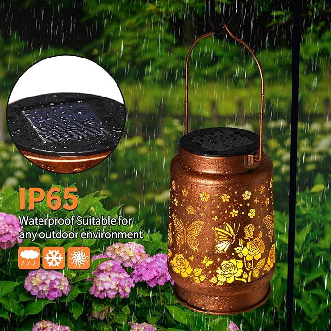 Butterfly Solar Lanterns Outdoor Waterproof Rose Garden Decor Gifts for Women Mom Grandma Hanging Solar Lights Metal Solar Decoration Outside for Yard,Patio,Backyard,Porch