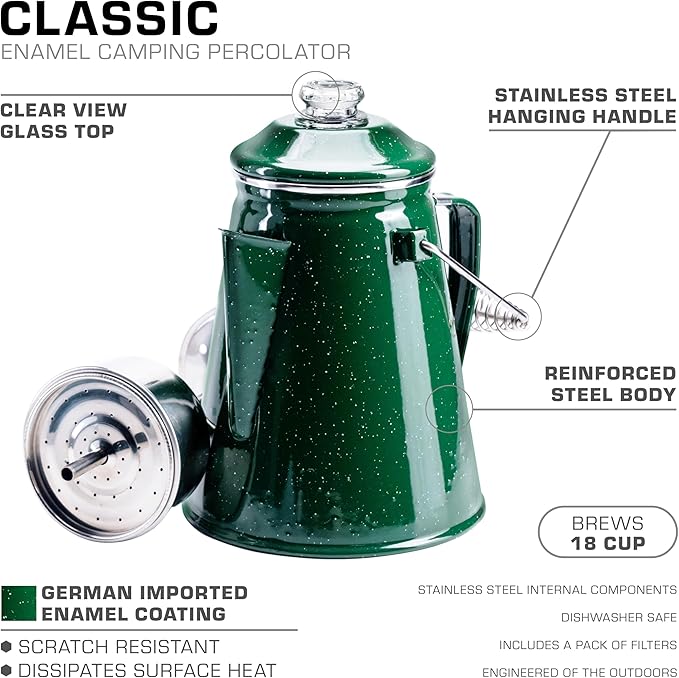 COLETTI Classic Percolator Coffee Pot — Camping Coffee Percolator, Campfire Coffee Pot – Camping for Groups — Brew for the Whole Campsite (Green, 18 Cup)