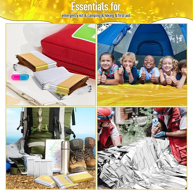 Kanayu 100 Pack Emergency Foil Thermal Blankets for Survival 82 x 63 Foil Space Blanket Kit for Outdoors Camping Hiking Homeless Survival or First Aid, 50 Pcs Golden 50 Pcs Silver