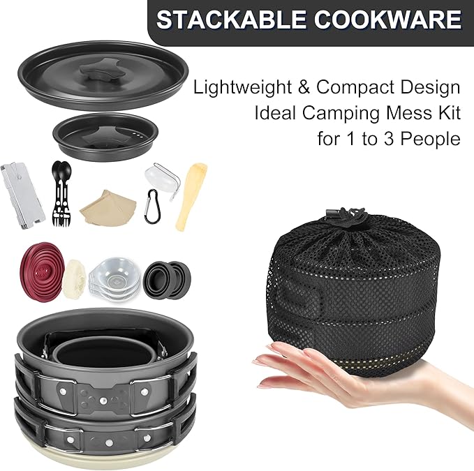 Camping Cooking Cookware Mess Kit - Non-Stick Lightweight Pot Pan Kettle Set with Collapsible Pour Over Coffee Dripper, Outdoor Kitchen Cook Essentials Gear for Camping Hiking Picnic