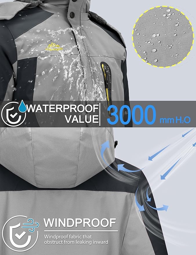 TACVASEN Men's Winter Ski Jacket Waterproof Snow Coats Snowboard Fleece Lining Jacket Warm Parka with Hooded