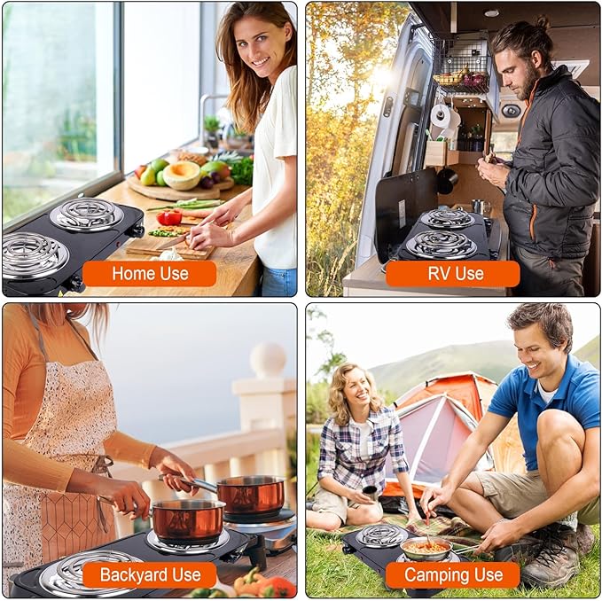 Hot Plate, 2000W Portable Electric Stove for Cooking with 5 Levels Adjustable Temperature & Dual Control, Countertop Double Coil Burner Cast Iron Cooktop for All Cookwares Home Camp RV, Black