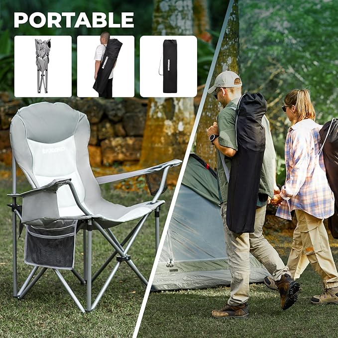 FUNDANGO Folding Camping Chair Heavy Duty, Oversized 440 Lbs Support Outdoor Camp Chairs with Lumbar Support & Cooler Pocket for Fishing Backyard Sports Beach Garden (Grey)