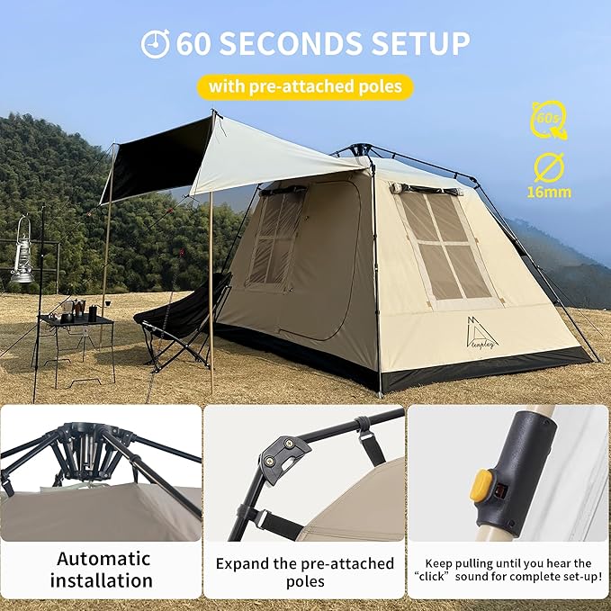TENPLAY 2-4Person Instant Cabin Tent,Portable Pop Up Tent,One-Touch,Setup with 60s,Spacious Interior,BlackCoating,Waterproof5000mm,Includes Rainfly,Canopy, Blackout Tents for Camping,Hiking,Family