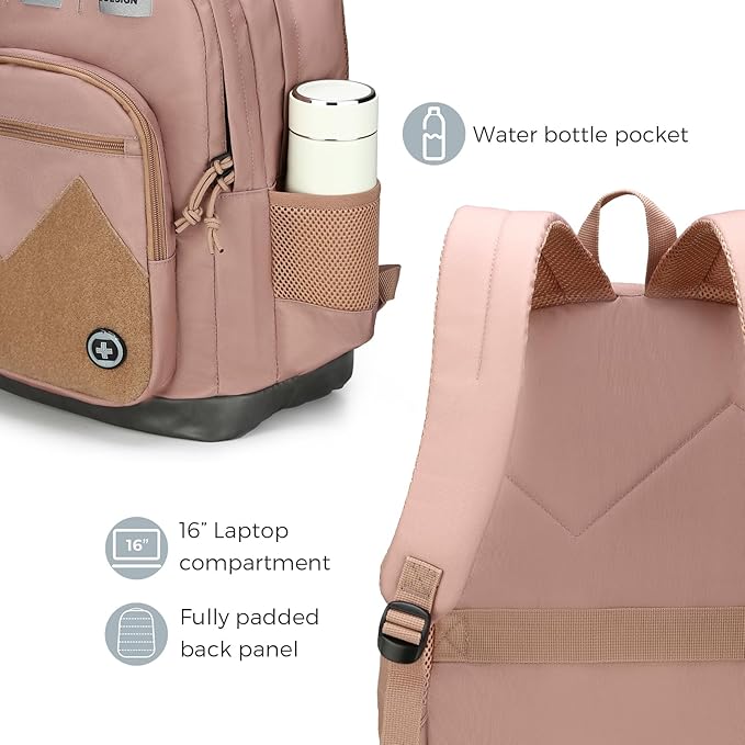 Swissdigital Design Big Student Laptop Backpack with Fun Personalized Patches For College Boy & Girl, Middle High School Teen Bookbag Cool Travel Daypack Mocha Brown - Includes 3 Patches | SD1718-35