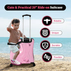 20" Ride-On Travel Suitcase for Kids, Toddler Carry on Luggage with Wheels, Children Travel Rolling Trolly Luggage with Password Lock, Children's Ride On (Pink)