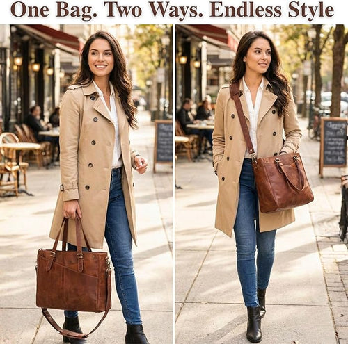 17-inch Genuine Leather Laptop Bag for Women – Large Brown Leather Work Tote with Laptop Compartment, Womens Computer Bag, Briefcase & Messenger Style for Office, Business, Travel & Teacher Gifts | Genuine Leather
