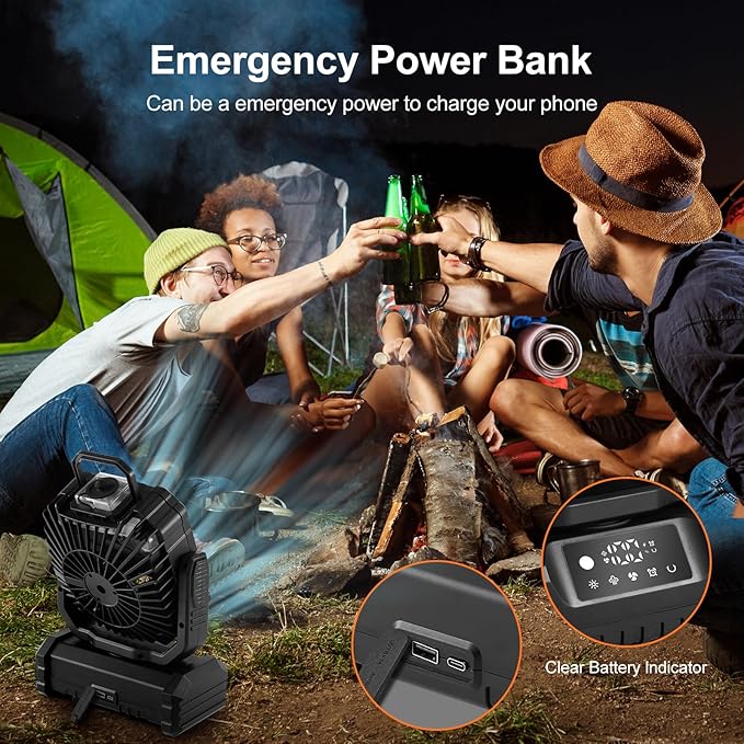 Odoland Portable Misting Fan with Light, 30000mAh Rechargeable Battery Camping Fan with 2 Spray Mister, Outdoors Tent Ventilador with Remote and Hook for Indoor Cooling Hiking Patio, Black