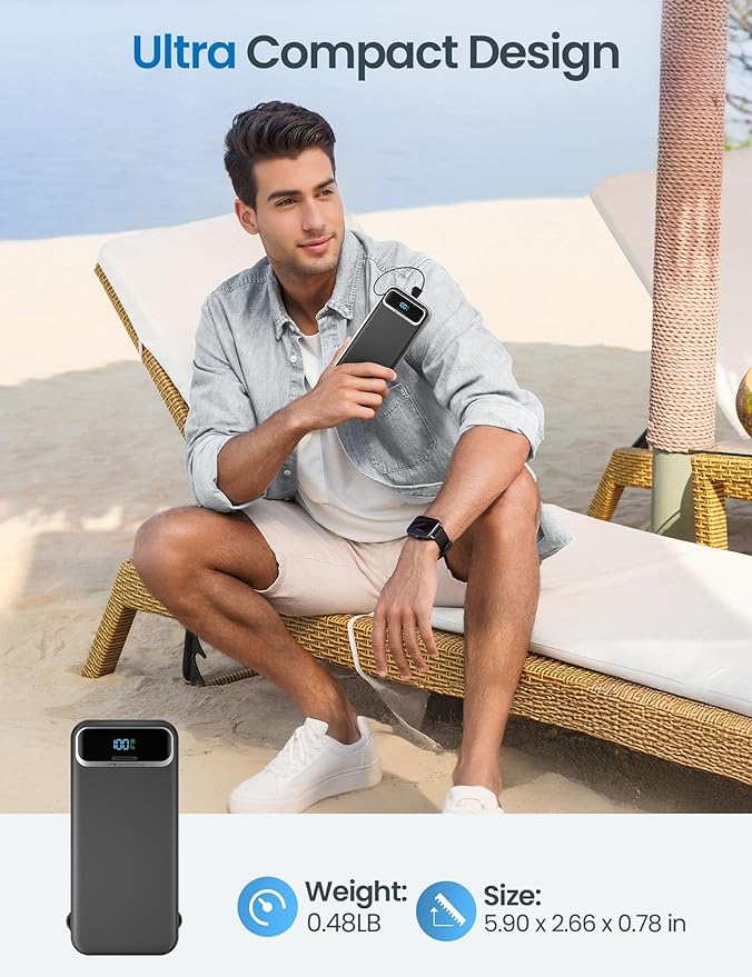 12000mAh Lightweight-Portable-Charger-Power-Bank with Built-in Cables and AC Wall Plug, PD20W USB-C Fast Charging Battery Pack, LED Display External Travel Phone Charger for All iPhone,Samsung,Android