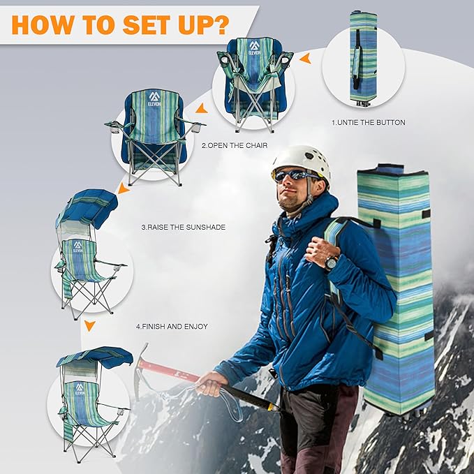 Camping Chair, Oversized Folding Chair with Canopy, Portable Outdoor Chair with Arms, Cup Holder and Carry Bag for Camping, Fishing, Beach, and Sports, Turquoise