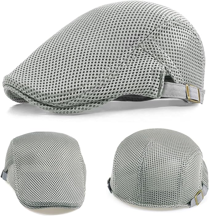 2 Pack Men's Mesh Cap Breathable Summer Newsboy Hat Adjustable Beret Ivy Cap Irish Cabbie Driving Hunting Hats