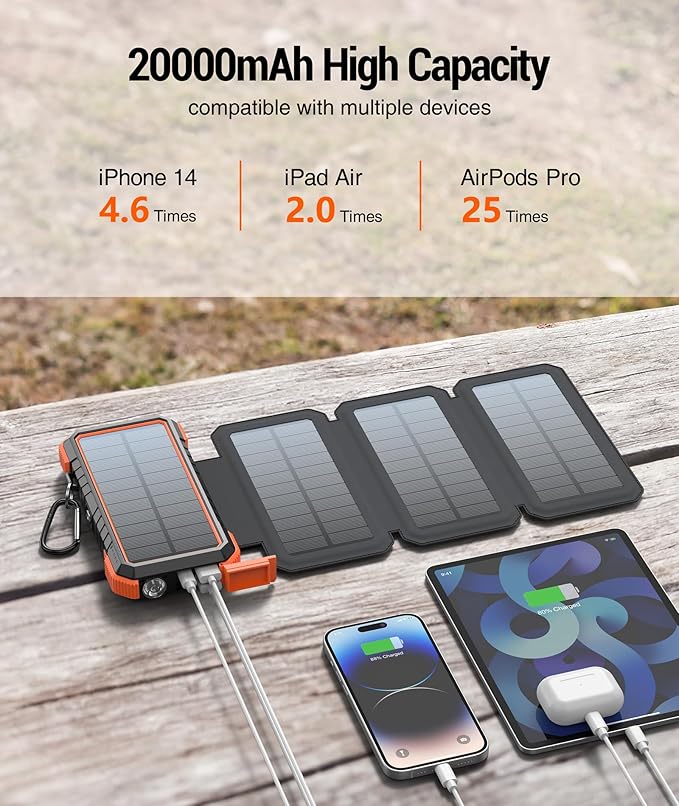 BLAVOR Solar Charger Power Bank, PD 18W Fast Charging 20000mAh Battery Pack with 4 Foldable Panels, Portable Solar Powered USB C Charger with Camping Flashlight Compass Carabiner for Cell Phone