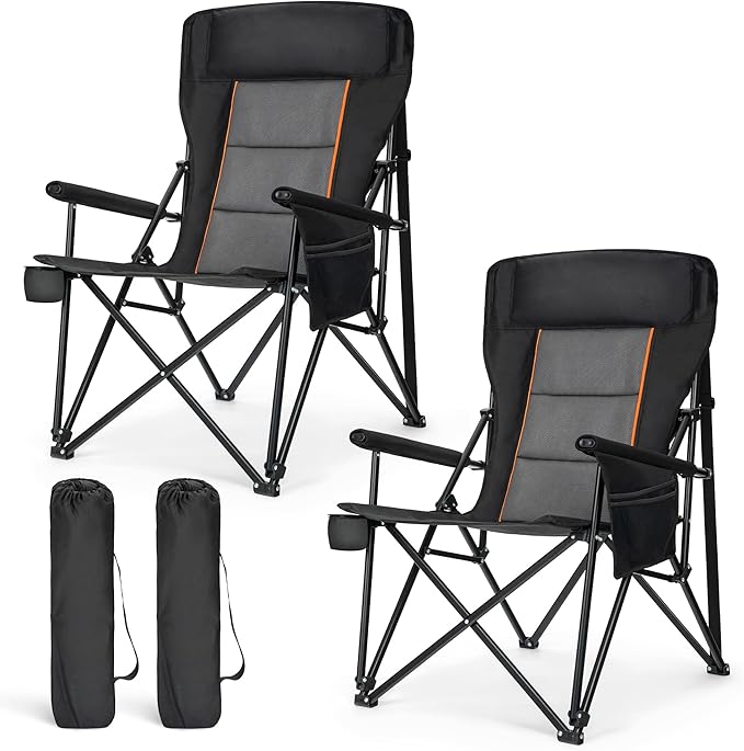 LET'S CAMP Oversized Camping Chairs 29.52" High Back Heavy Duty Lawn Chair Support 500LBS, Portable Collapsible Chair with Cup Holder, Side Pocket,2 Pack(Black)