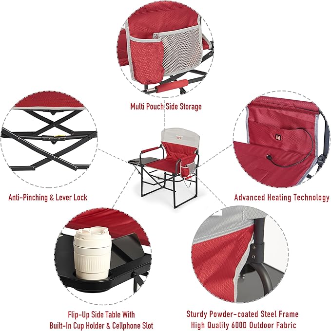 SUNNYFEEL Heated Camping Directors Chair, Heavy Duty,Oversized Outdoor Portable Heating Folding Chair with Side Table, Pocket for Beach, Fishing,Trip,Picnic,Lawn,Concert Foldable Camp Chairs