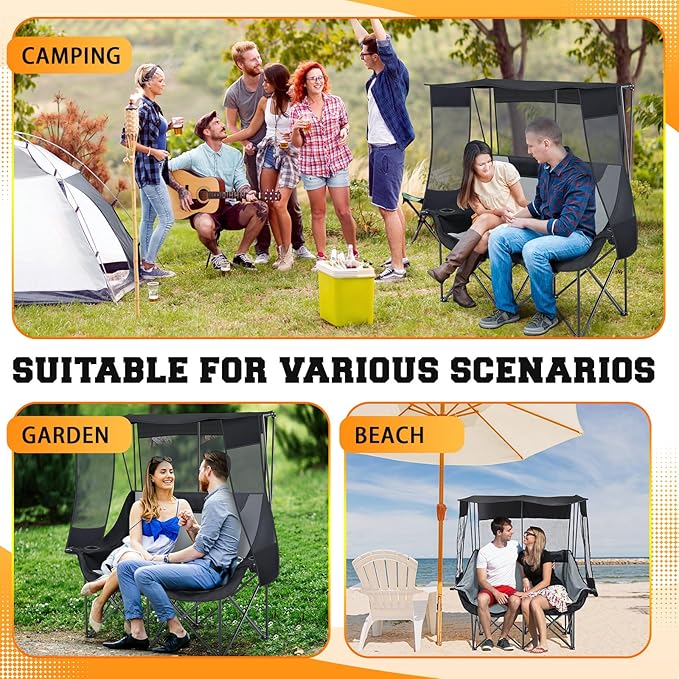 Double Camping Chair with Canopy Shade Oversized 2 Person Camping Sofa Fully Padded Folding Loveseat with Cup Hold and Storage Bag Sturdy for Lawn Beach Fall Outdoor Activities(Black)