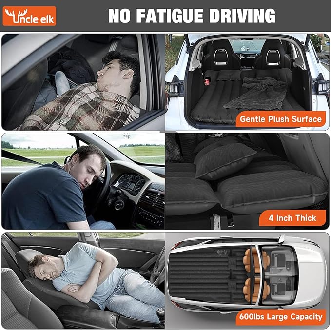 SUV Air Mattress: Inflatable Car Air Mattress for Camping, Flocking Car Bed with Air Pump & 2 Pillows, Portable Sleeping Pad Mattress for Home Car Travel Camping Black