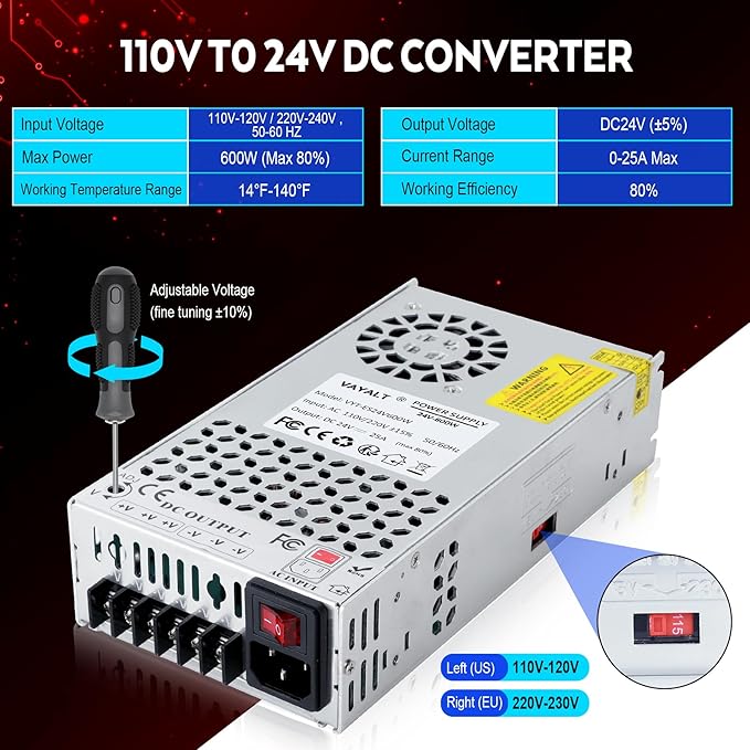VAYALT 24V 25A 600W DC Switching Power Supply, Universal Regulated Switching AC 110V/220V to DC 24V Transformer, 24V Power Supply for Industrial, CCTV, Computer Project, 3D Printer, LED Strip Light