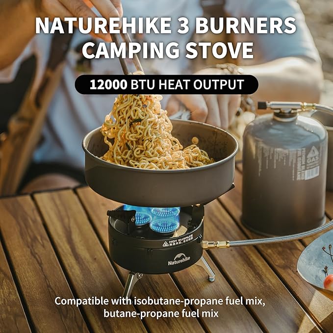 Naturehike Camping Gas Stove for IGT Table, Portable Isobutane Stove with Storage Bag & Foldable Brackets, 3 Burners Camp Stove for Outdoor Car Camping Cooking Tailgating