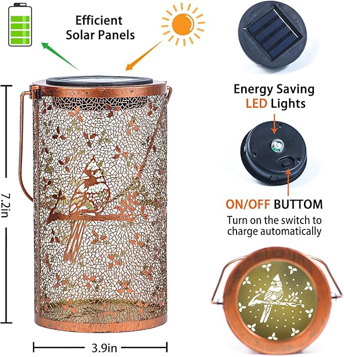Cardinal Solar Lanterns Outdoor Waterproof Hanging Solar Lights Cardinal Gifts for Women Men Metal Bird Decorative LED Lanterns for Yard, Patio, Lawn, Tabletop, Pathway, Landscape, Garden Decor