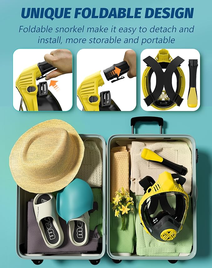 Full Face Snorkel Mask- Snorkeling Gear for Adults with Safe Dry Top Breathing System, Latest Foldable Panoramic View Snorkeling Mask for Men and Women, Anti Fog Anti Leak