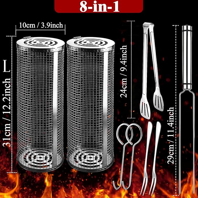 Rolling Grilling Baskets for Outdoor Grill Bbq Tube Net Must Have Large Round Cylinder Cage Mesh Barbecue Essentials Gadgets Cooking Accessories for Picnic Veggies Vegetable Fish Meat, Gift for Men