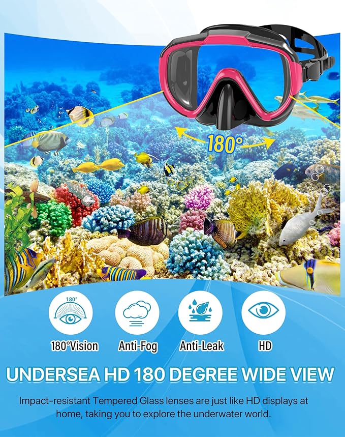Snorkeling Gear for Adults Men Women,4 in 1 Snorkel Set with Panoramic View Diving Mask Anti-Fog Anti-Leak,Dry Top Snorkel,Fins and Travel Bag for Swimming,Snorkeling and Travel Diving