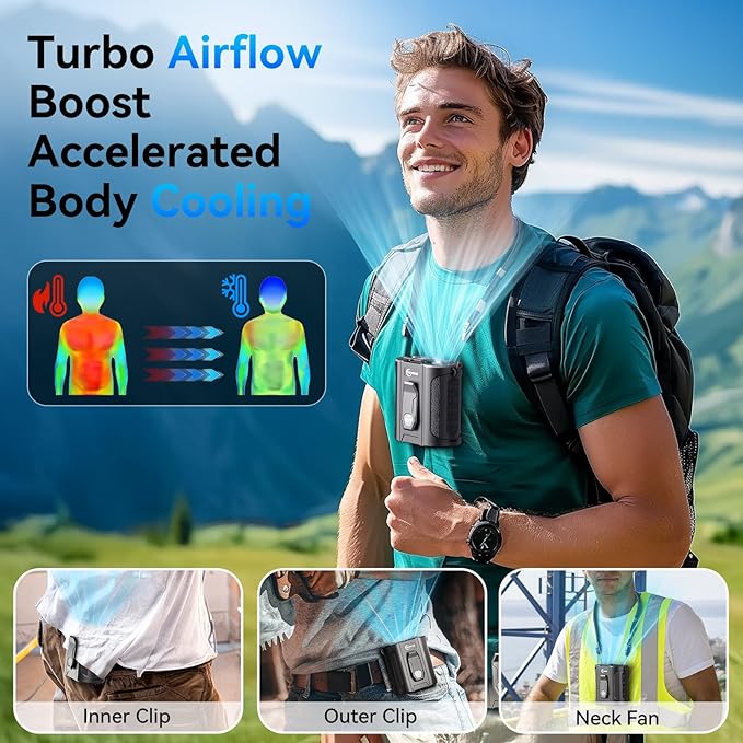 [Dual Battery] Next-Gen AI Portable Waist Fan Clip On 24000mAh, MAX 80H Runtime, 17000RPM Powerful 5 Speeds, Rechargeable Belt Fan with Filter Power Bank Flashlight, Shirt Fans for Men Outdoors Travel