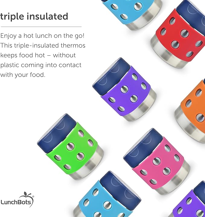 LunchBots Thermal 8 oz Triple Insulated Thermo - Hot 6 Hours or Cold 12 Hours - Leak Proof Thermo Soup Jar - All Stainless Interior - Navy Lid - Green Dots