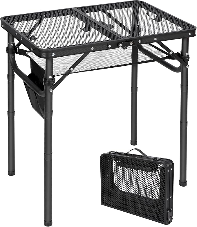 REDCAMP Small Folding Grill Table for Outside, 3 Heights Adjustable Lightweight Portable Metal Aluminum Outdoor Grill Table for Camping Picnic Cooking BBQ, Black 24x16 inches