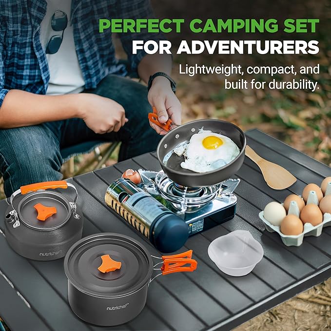 NutriChef Camping Cookware Set - Lightweight Nonstick Pots, Pans, Utensils, Bowls, Cutlery, and Cleaning Tools with Mesh Bag, Foldable Handles, Compact Outdoor Cooking Gear for Hiking & Travel (Grey)