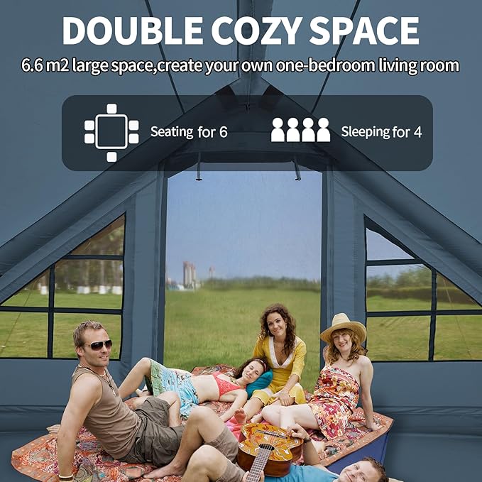 SHANQUAN Inflatable Tent with Pump,4-6 Person Instant Glamping Camping Tents House, Easy Setup Blow Up Family Tents for 4 Seasons Waterproof Inflatable Tent for Camping with Mesh Windows.