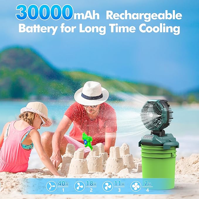 Portable Misting Fan, 4 Powerful Speed & 4 Spray Modes, 30000mAh Battery Powered, Remote Control, Auto Oscillation with Adjustable Base fit for 10-13 inch Bucket for Outdoor Camping Beach Travel
