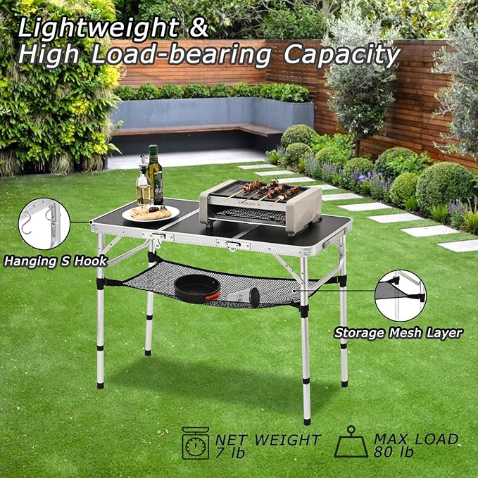 Tri-fold Folding Picnic Table, 3ft Camping Table Lightweight Portable Aluminum Outdoor Table with Adjustable Heights for Backyard BBQ Party