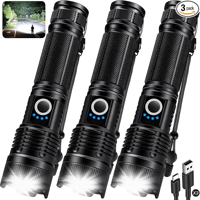 KINGCAESAR 3 Pack Flashlights 90,000High Lumens - Super Bright Rechargeable Flashlight with 5 Light Modes, IPX7 Waterproof Powerful LED Flash Light for Home, Camping