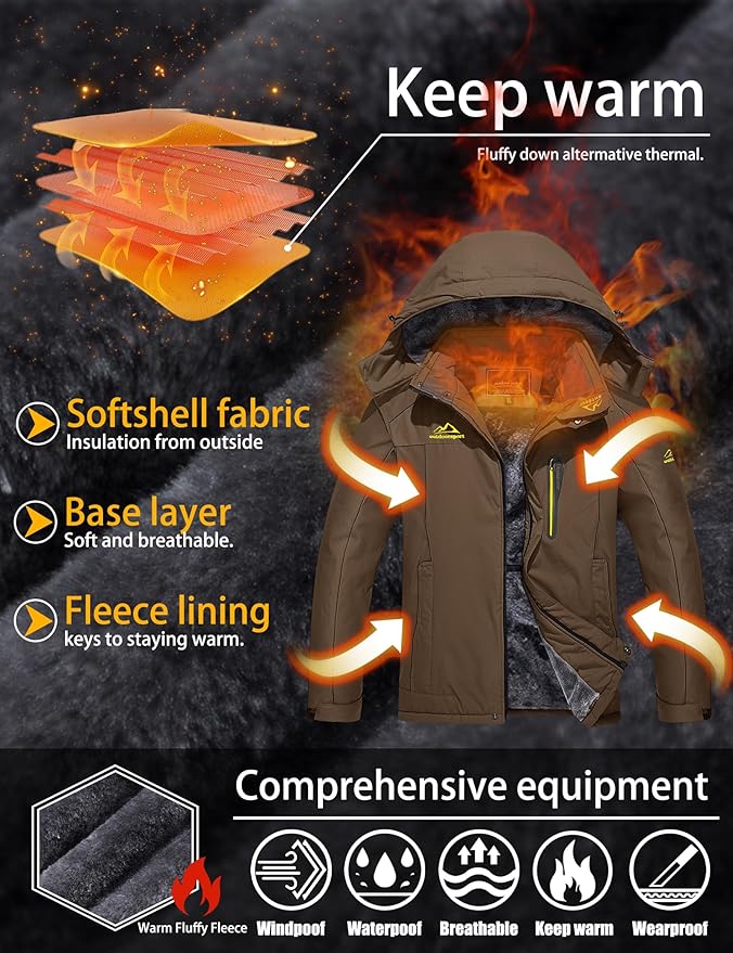 TACVASEN Men's Winter Ski Jacket Waterproof Snow Coats Snowboard Fleece Lining Jacket Warm Parka with Hooded