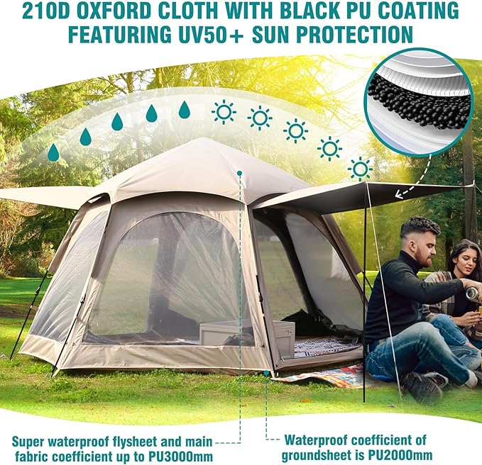 Chihee Camping Tents Pop Up Hexagonal Tent Easy Setup Instant PU Coated Polyester Family Cabin with Rainfly Waterproofing UV Protection Winproof Outdoor Shelter 2 Doors 4 Windows Mesh Ventilation