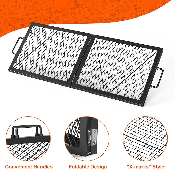 only fire Foldable X-Marks Fire Pit Cooking Grate, Portable Rectangle Campfire Grill Grate with Handles, Heavy Duty Steel Campfire BBQ Grill for Outdoor, 40 inch