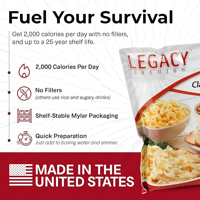 Legacy Food Storage 32 Serving Emergency Food Supply Bucket, 8 Entrees, 12,440 Total Calories, Shelf Stable Lunch & Dinner, Freeze Dried Survival Meals for MRE Camping, Hiking, Prepping