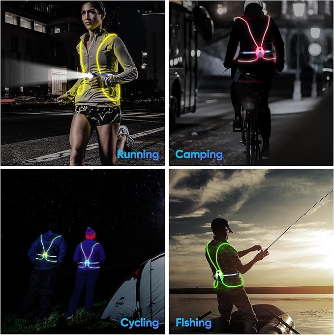 LED Reflective Running Vest Lights for Runners, Running Lights with Front Light, Safety USB Rechargeable Reflective Night Lights For Men/Women Running Walking Cycling, Three Light Modes with 7 Colors