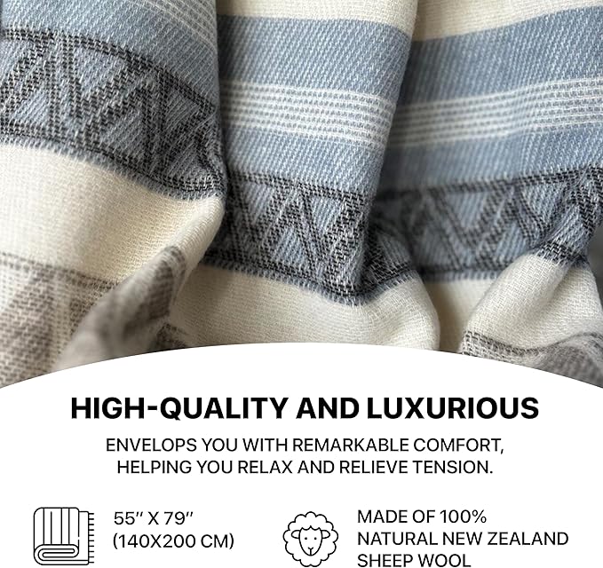 New Zealand Virgin Wool Throw Blanket, Indoor & Outdoor Blankets and Throws, Soft Blanket with Fringes, 55 x 79 in (140 x 200 cm), Beige Gray Blue