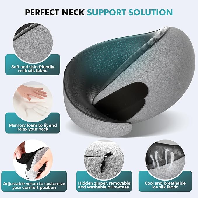 Travel Neck Pillows for Airplanes - 360° Ergonomic Memory Foam Travel Pillow - Relief Neck Pain with Breathable Support for Long Flights, Car, Train & Office Use - Adults & Kids