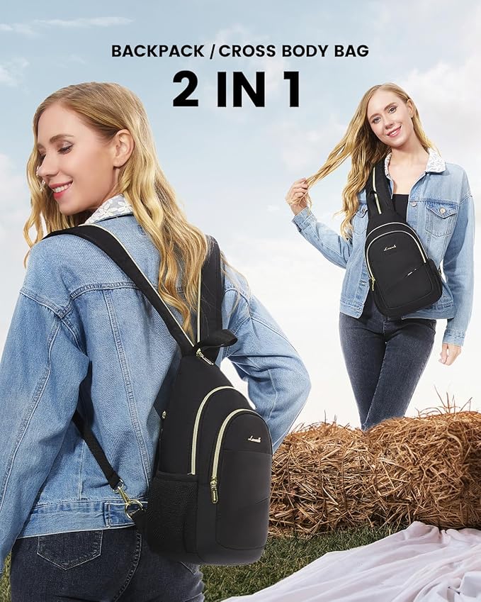 LOVEVOOK Sling Bag for Women, Sling Backpack Crossbody Bags Convertible, Small Diaper Bag Hiking Daypacks Water-resistant, Travel Shoulder Bag Chest Bag, Black