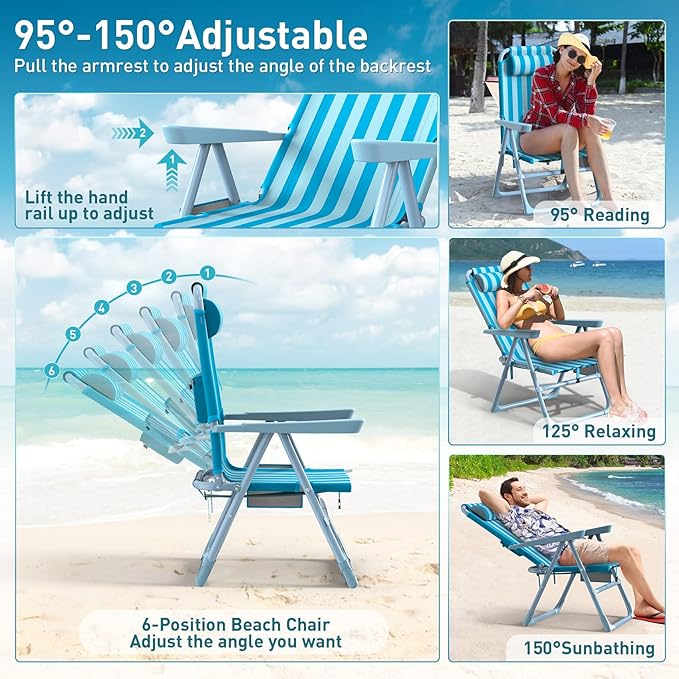 Suteck Backpack Beach Chair, 6-Positions Beach Chairs for Adults with Cooler Bag, Reclining Beach Chair with Cup Holder Folding Camping Chair for Sand Outdoor