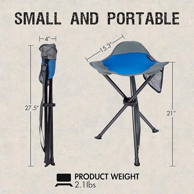 Portal Folding Camping Stool Portable Foldable Tripod Seat for Hiking Hunting Walking Fishing Travel Outdoors with Side Pockets Sturdy Steel Legs Support Up to 225 LBS