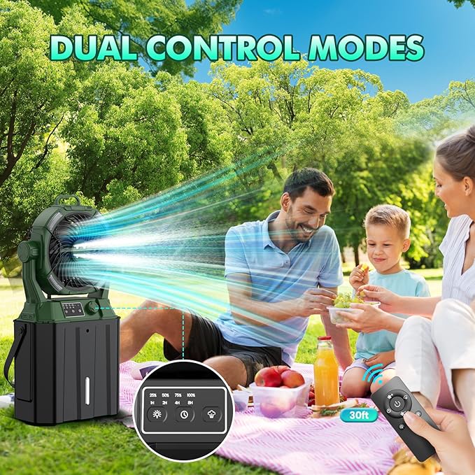 Misting Fan Portable 42800mAh Rechargeable Camping Fan with Remote Control, 3 LED Light & Stepless Speed Control & Cooling Spray with 6L Bucket, Timer Function, Portable Handle, Rotating Hanging Hook