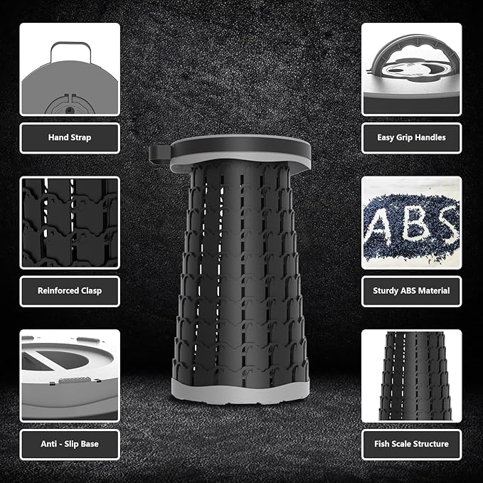 Upgraded Collapsible Stool with Max Load Capacity 330lbs Portable Telescoping & Folding Design Retractable Seat for Camping, Gardening, Fishing & Outdoor Adventures (Grey)